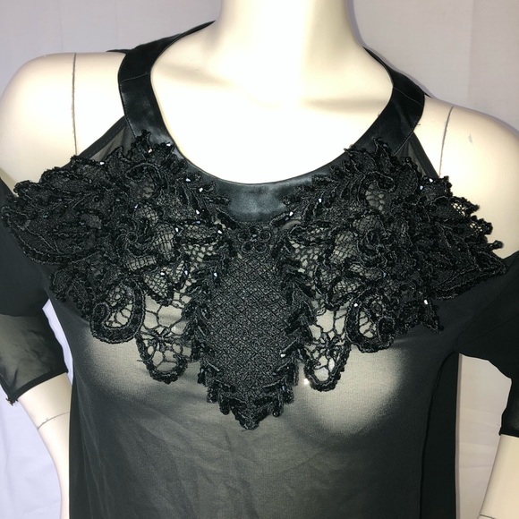 Genese London Black chiffon beaded lace detail Top - Picture 3 of 8